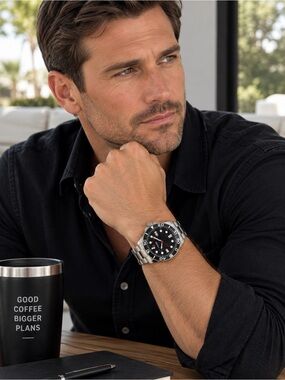 New Calibre Akron Black & Red Accent Stainless Steel Swiss Watch (Complete Set)
